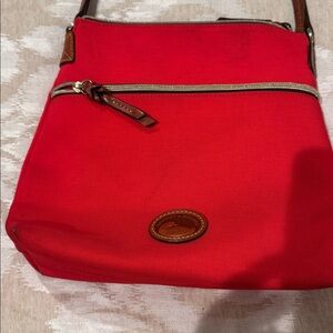 Dooney & Bourke Red and Brown leather purse;10” x 10” extra strap 33 inches; new